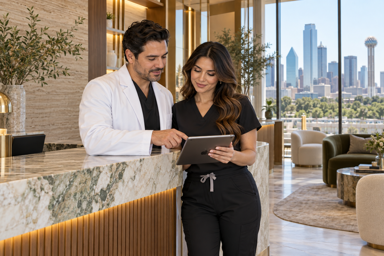 Illustrative medical professionals in a clinical reception setting