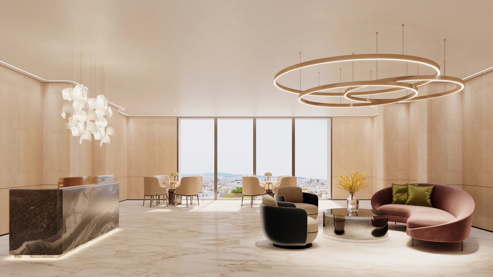 Modern lounge area with contemporary furniture and large windows