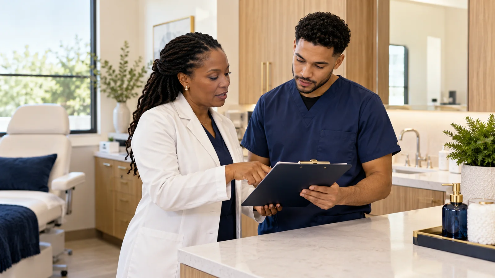Physician and nurse reviewing a care-plan clipboard in a clinic.