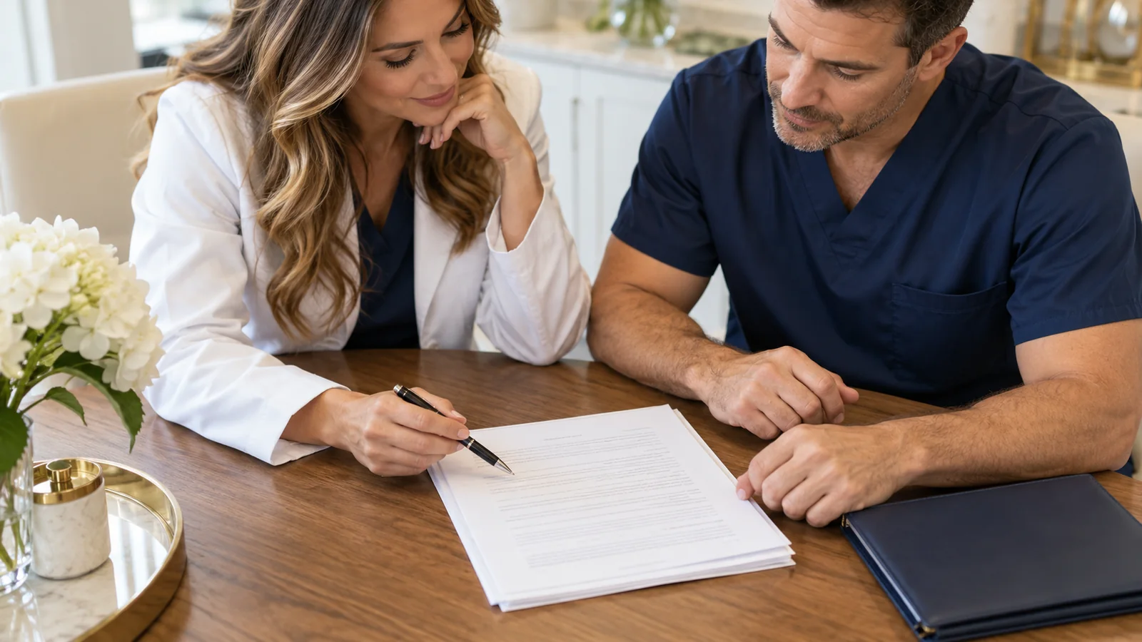 Clinicians reviewing paperwork together at an oak table.