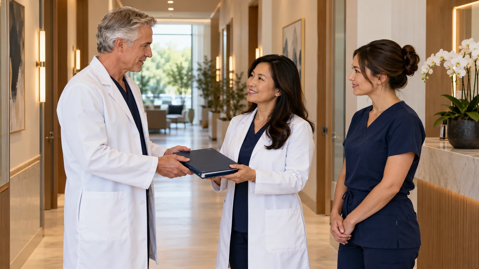 Two physicians exchanging a clinical binder while a nurse listens.