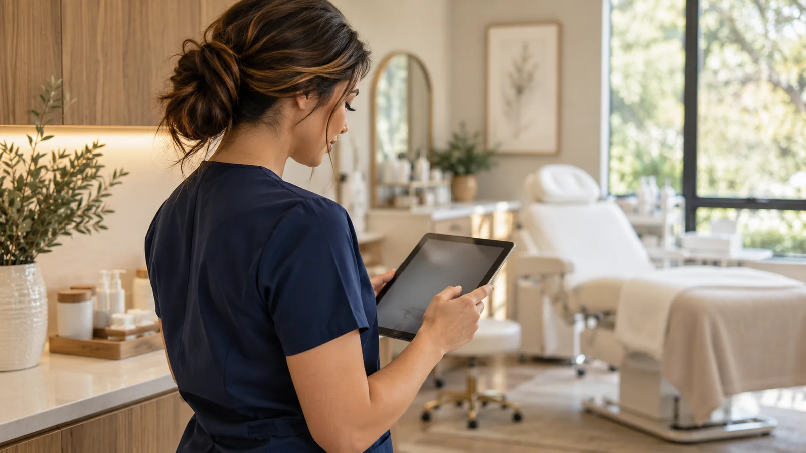 Clinician reviewing a tablet in a bright med-spa treatment room.