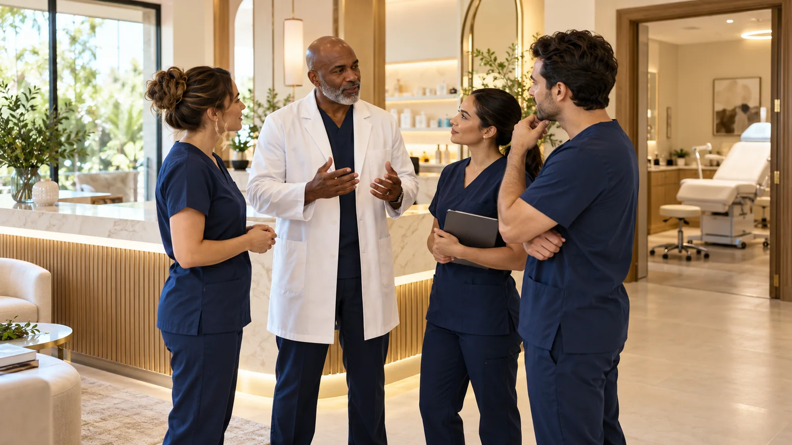 Physician leading a discussion with three clinical colleagues in a med spa.