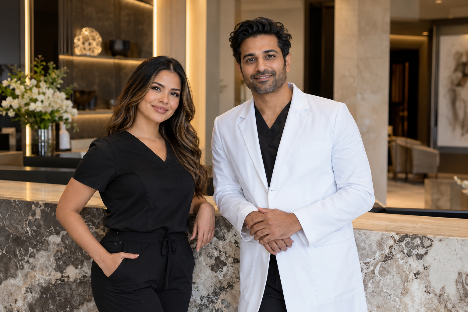 Illustrative image of medical professionals at a modern medical spa reception